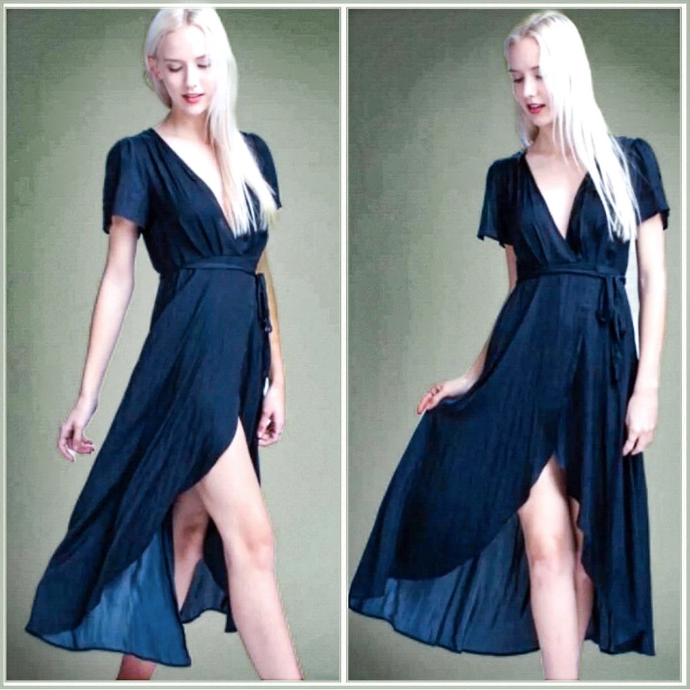 NWT Honey Punch Satin Navy Midi Wrap Dress